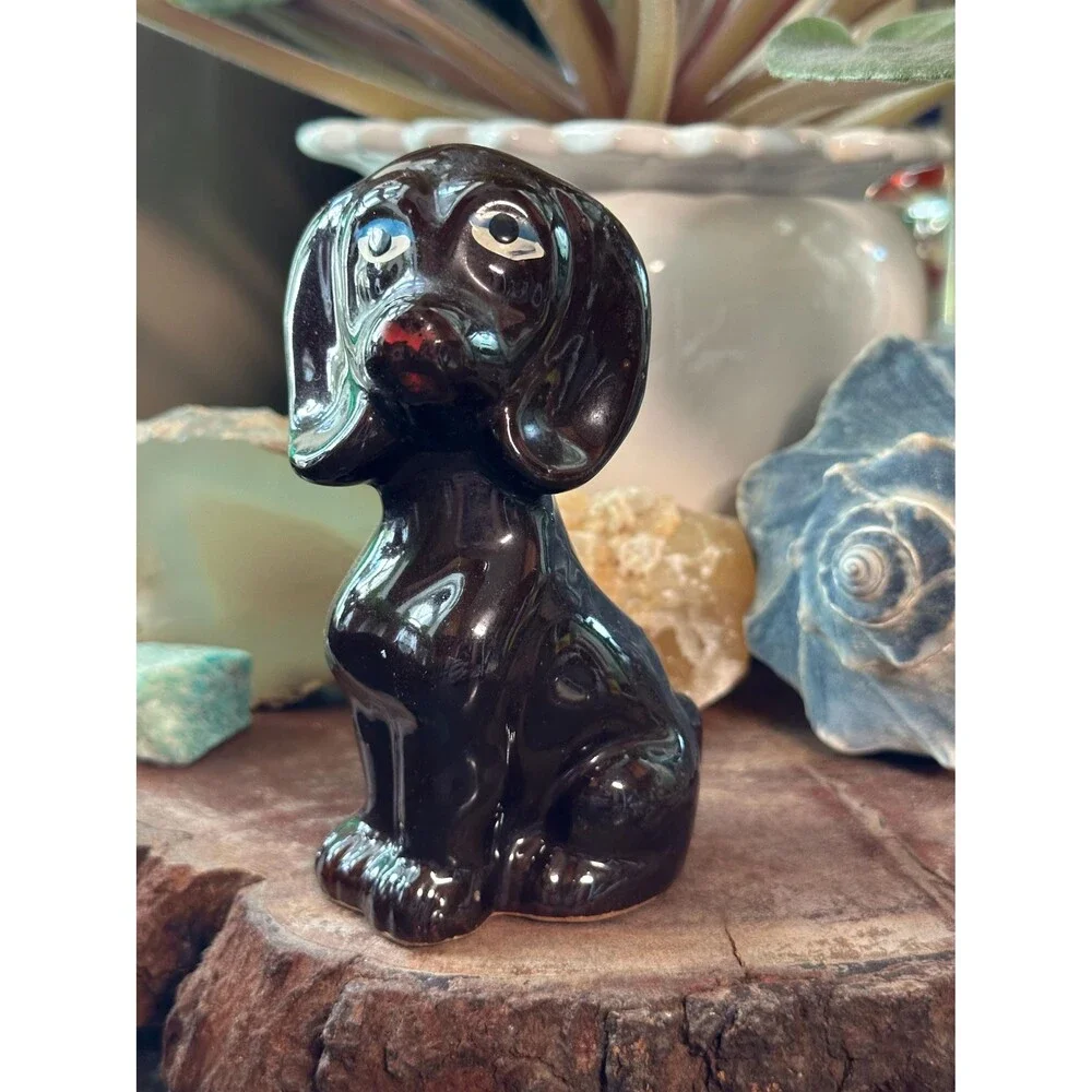 Vintage Brown Glazed Hound Dog Figurine Hand Painted Redware Pottery Folk Art Pu